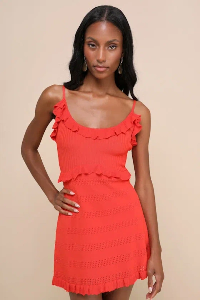 Lulus Enviable Pick Red Orange Pointelle Knit Ruffled Mini Dress