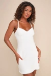 Lulus Enviable Poise Cream Boucle Lurex Rhinestone Strap Mini Dress In White