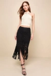 LULUS ENVIABLE SUMMER BLACK CROCHET FRINGE MIDI SKIRT