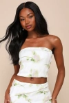 Lulus Enviable Sweetness Ivory Floral Wavy Pleated Strapless Top In Ivory