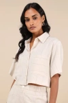 Lulus Enviably Breezy Beige Striped Linen Short Sleeve Button-up Top In Beige