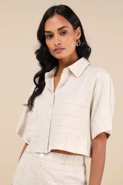 Lulus Enviably Breezy Beige Striped Linen Short Sleeve Button-up Top
