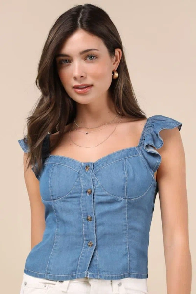 Lulus Enye Blue Chambray Bustier Flutter Sleeve Top