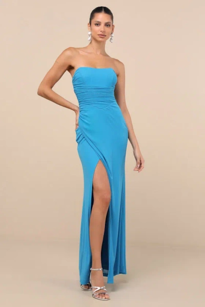 Lulus Epitome Of Allure Bright Blue Mesh Strapless Ruched Maxi Dress