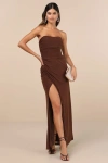 Lulus Epitome Of Allure Brown Mesh Strapless Ruched Tulip Maxi Dress In Brown