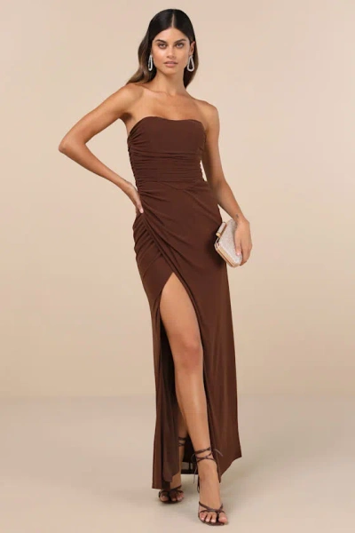 Lulus Epitome Of Allure Brown Mesh Strapless Ruched Tulip Maxi Dress