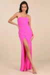 Lulus Epitome Of Allure Hot Pink Mesh Strapless Ruched Maxi Dress In Hot Pink