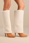 Lulus Yetty Cream Faux Fur Pointed-toe Knee-high Boots In Tan