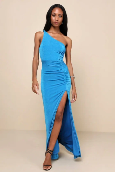 Lulus Especially Breathtaking Blue Ruched One-shoulder Maxi Dress