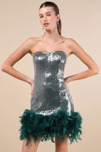 Lulus Especially Fabulous Emerald Sequin Feather Strapless Mini Dress In Green