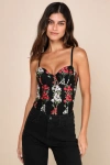 Lulus Essence Of Elegance Black Embroidered Bustier Bodysuit In Black