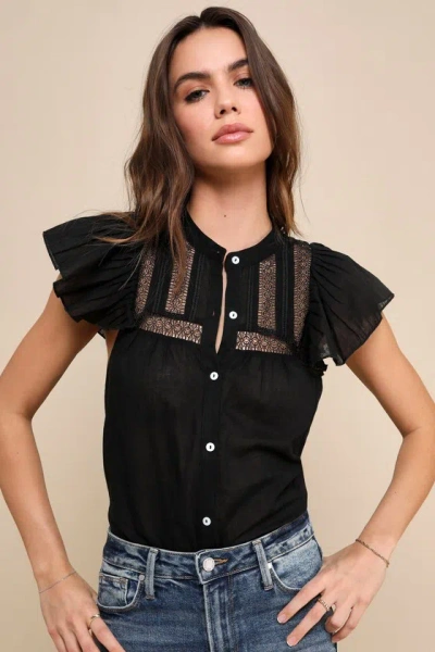Lulus Essential Chicness Black Embroidered Button-up Top