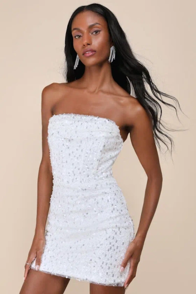 Lulus Essential Glamour White Sequin Pearl Strapless Mini Dress