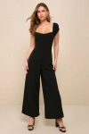 Lulus Essential Invitee Black Cap Sleeve Wide-leg Jumpsuit In Black