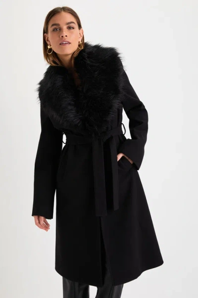 Lulus Essential Sophistication Black Faux Fur Collar Belted Coat