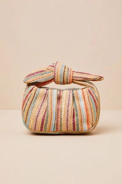 Lulus Essential Style Beige Multi Striped Woven Knot Handle Clutch In Sand