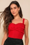 Lulus Essentially Iconic Red Mesh Ruffled Sleeveless Bodysuit In Red