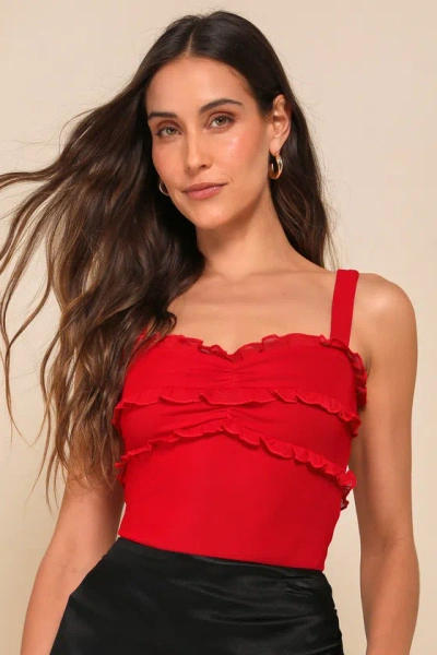 Lulus Essentially Iconic Red Mesh Ruffled Sleeveless Bodysuit