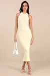 Lulus Essentially Sweet Light Yellow Ribbed Sleeveless Midi Dress In Light Yellow