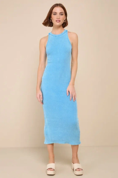 Lulus Essentially Sweet Washed Teal Blue Ribbed Sleeveless Midi Dress
