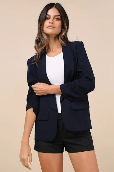 Lulus Established Excellence Dark Navy Ruched Blazer