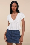 Lulus Estela Ivory Ruffled Puff Sleeve Peplum Crop Top In Ivory