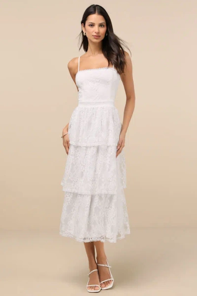 Lulus Estrid White Lace Tiered Midi Dress