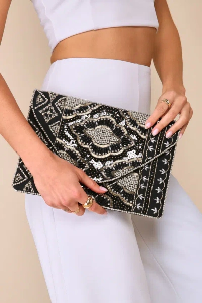 Lulus Etched In Stone Black Beaded Clutch