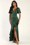 Lulus Eternal Bond Emerald Satin Ruffled Flutter Sleeve Maxi Dress In Green