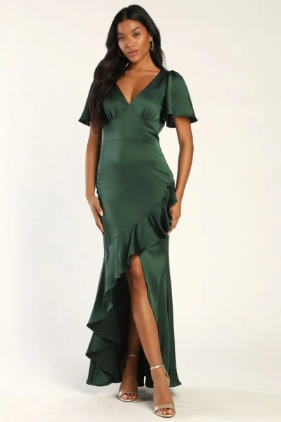 Lulus Eternal Bond Emerald Satin Ruffled Flutter Sleeve Maxi Dress In Green