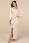 Lulus Eternal Heart Champagne Satin Long Sleeve Maxi Dress In Champagne
