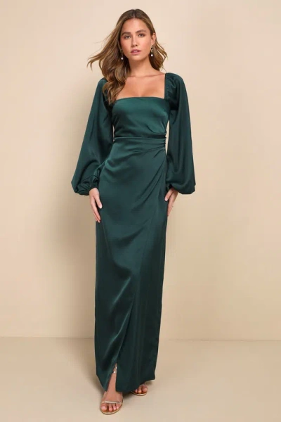Lulus Eternal Heart Emerald Green Satin Long Sleeve Maxi Dress