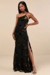Lulus Ethereal Entrance Black Velvet Burnout One-shoulder Maxi Dress In Black