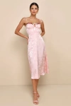 Lulus Ethereal Muse Light Pink Satin Jacquard Embroidered Midi Dress In Light Pink