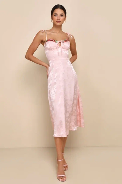 Lulus Ethereal Muse Light Pink Satin Jacquard Embroidered Midi Dress