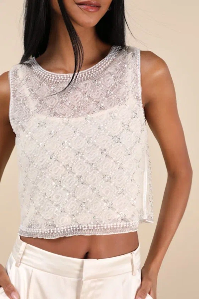 Lulus Eugenia Cream Sheer Mesh Sequin Beaded Tank Top