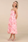 Lulus Eulalia Pink Floral Lace-up Strapless Bustier Midi Dress In Pink
