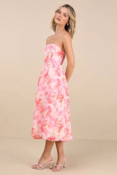 Lulus Eulalia Pink Floral Lace-up Strapless Bustier Midi Dress