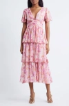 Lulus Eva Short Sleeve Tiered Chiffon Midi Dress In Pink