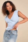 Lulus Evania Washed Light Blue Pointelle Knit Cap Sleeve Top In Light Blue