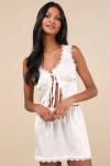 Lulus Evening Darling Ivory Lace Tie-front Two-piece Pajama Set In Ivory