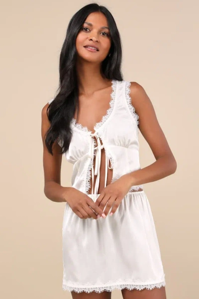 Lulus Evening Darling Ivory Lace Tie-front Two-piece Pajama Set