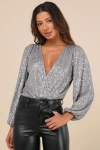 Lulus Evening Of Wonder Grey Sequin Long Sleeve Bodysuit In Grey