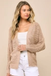 Lulus Evening Sweetie Tan Loose Crochet Sheer Cardigan Sweater In Tan