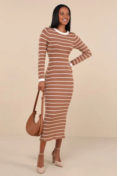 Lulus Ever So Effortless Light Brown Striped Ribbed Midi Sweater Dress