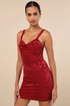 Lulus Ever So Flirty Wine Red Mesh Floral Cowl Bodycon Mini Dress In Wine Red