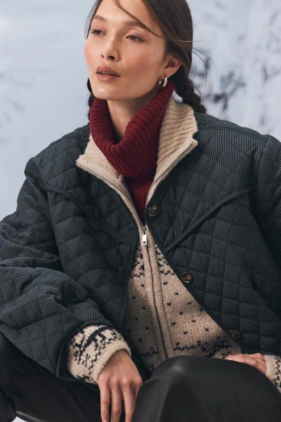 Lulus Everhart Navy Checkered Quilted Puffer Jacket In Gray