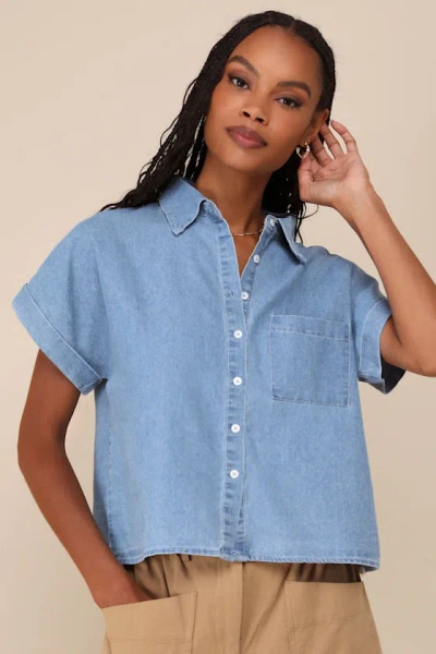 Lulus Everyday Attitude Blue Chambray Short Sleeve Button-up Top