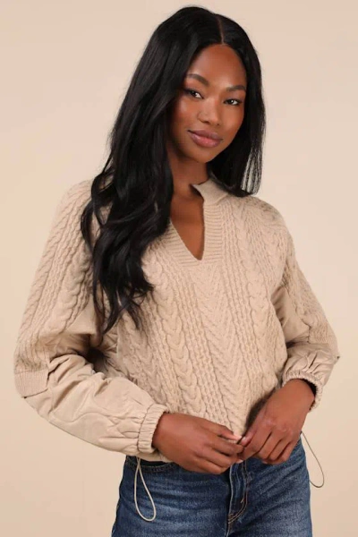Lulus Everyday Autumn Beige Quilted Cable Knit Pullover