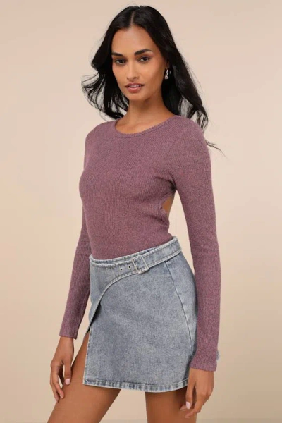 Lulus Everyday Babe Heather Purple Ribbed Long Sleeve Cutout Bodysuit
